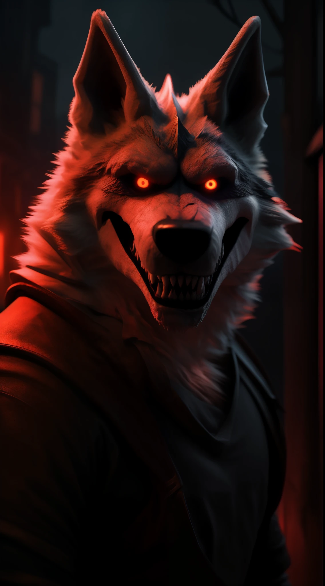 Mr. Wolf looking at the viewer with a lot of hatred in his Golden eyes, I think he's possessed by some entity holding an axe covered in blood, threatening to rip out the viewer's heart in a crude way, a weird and bizarre background of a house full of blood with a tattoo of the devil on his chest, an original and unique 3D look