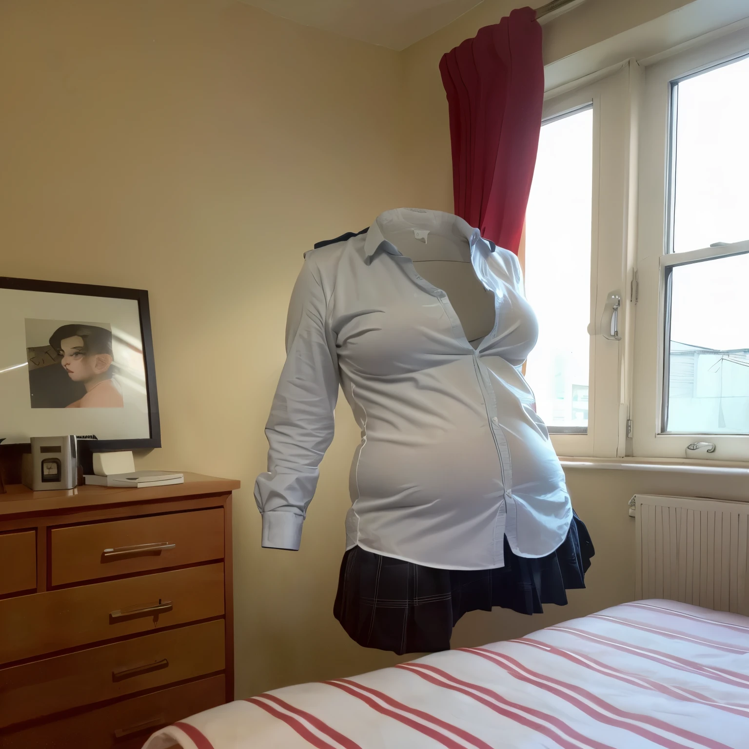 (on bed),chubby,fat, stripe school tie, school uniform, __expression__, (invisible, no humans, headless, faceless:1.2), cute big breasts, (8k, RAW photo, best quality, masterpiece:1.2), (realistic, photo-realistic:1.37), photon mapping, radiosity, ((Hasselblad photography)), physically-based rendering