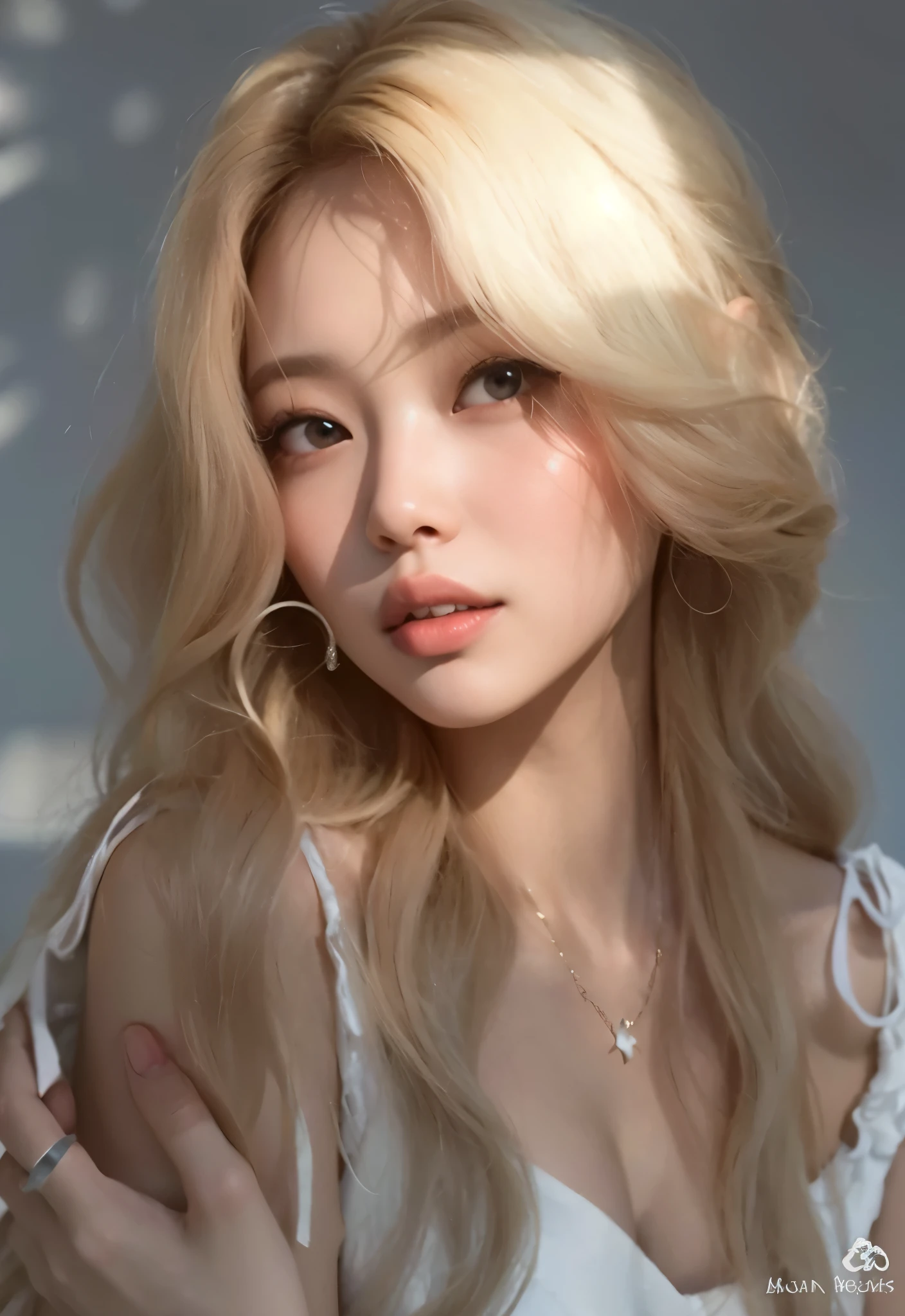 Mulher loira com cabelo longo e um vestido branco posando para uma foto, uma ****** com cabelo loiro, com longos cabelos loiros, Mulher sul-coreana bonita, Parque Roseanne do Blackpink, longos cabelos loiros e olhos grandes, branco hime corte penteado, pale skin curly blond hair, com cabelos longos brancos, linda mulher coreana jovem, ****** coreana, Heonhwa Choe