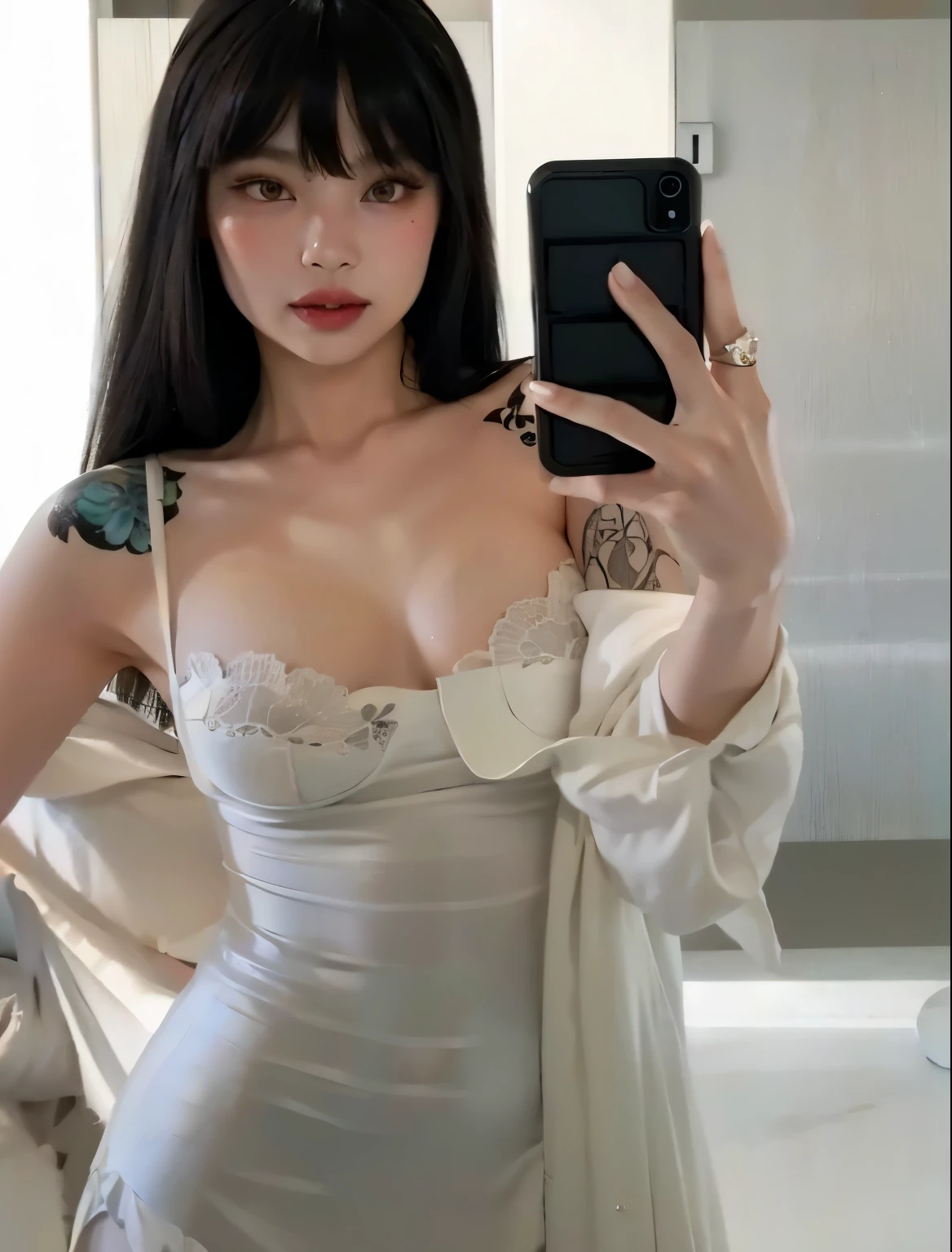 Araffe mujer con un vestido blanco tomando una selfie en un espejo, vestido sexy, cautivador y tentador, look sexy at the camera, Lacey, Foto de Slim Girl, sexy :8, Wearing sexy lingerie, Traje de ropa ajustado blanco liso, look sexy, 🤤 girl portrait, pale porcelain white skin, with pale skin, 1 8 yo, Modelo de Instagram, ojos coreanos, coreana