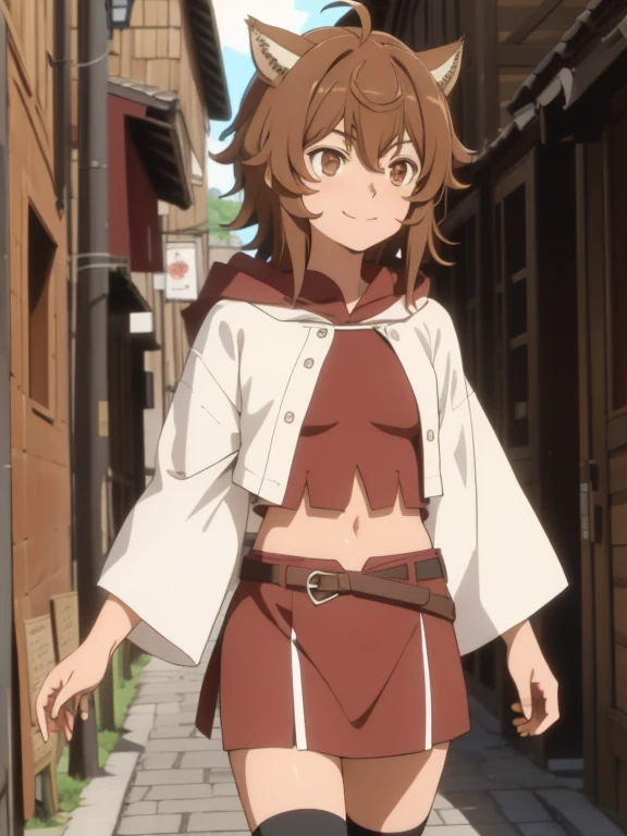 (anime screen cap,
1girl in, Upper body, Brown hair, Navel, Closed mouth,Smile, Midriff,  Brown eyes, Solo,Short hair,  mid-chest tuck ground, Ahoge, Standing, posed, Blood, Tortured),(1 man)，Animal ears，Beasttail，white and brown kimono，Furisode，a miniskirt，knee high socks，brown short boots，medieval european townscape