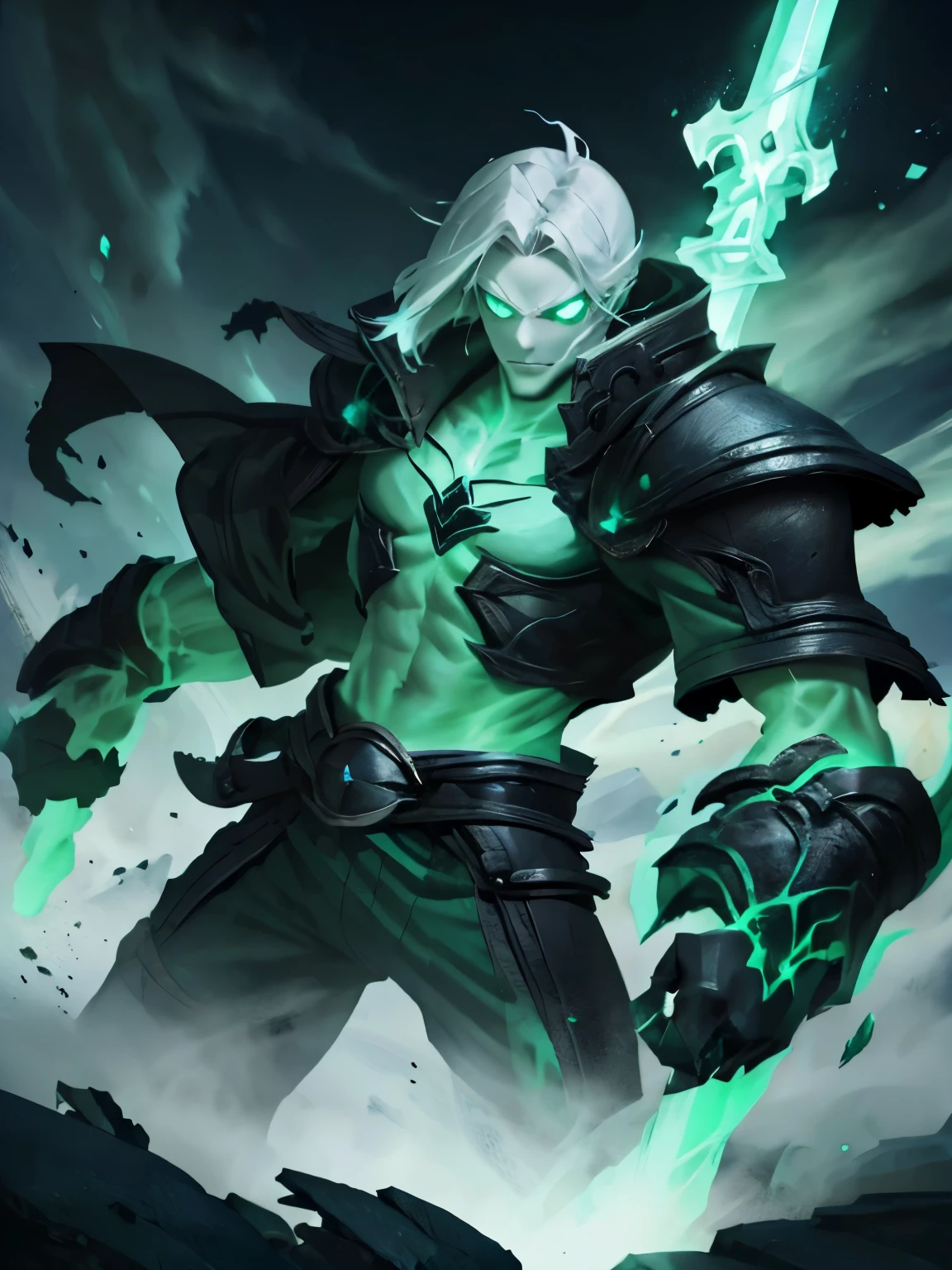 Necromancer, young man, gray hair, green eyes, total power, skinny, two swords on back, green jacket, green fog, tower, green lightning, sly smile, dream for life, the best quality, portrait