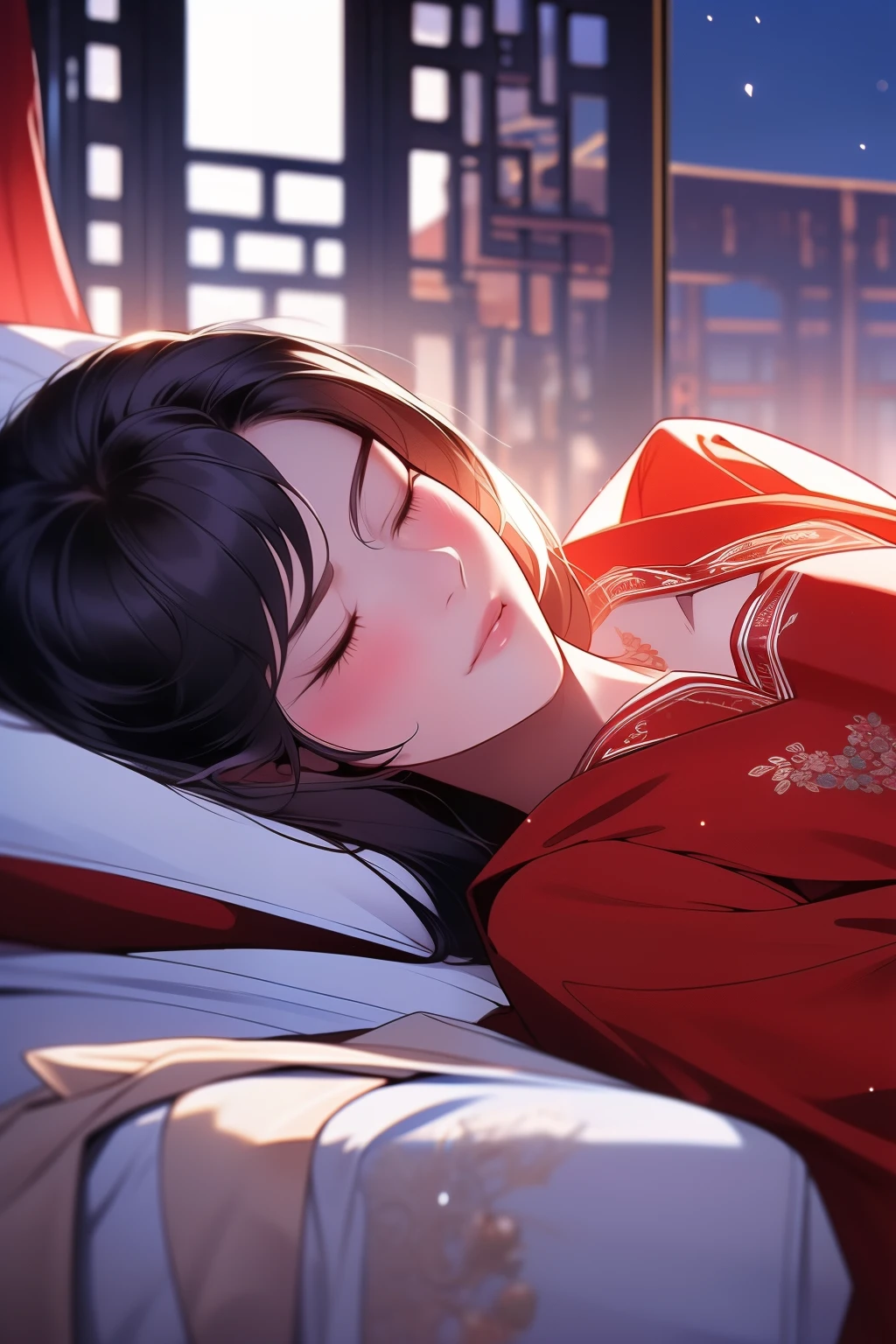 Best quality at best,tmasterpiece,16k,one-girl,Women pay attention to beautiful purple Chinese style clothes,natta,rays of moonlight,Asian architecture,Elaborate Eyes,scowling,worry,Detailed faces,Lie down in bed,With his eyes closed,close your eyes and fall asleep,Red skirt,