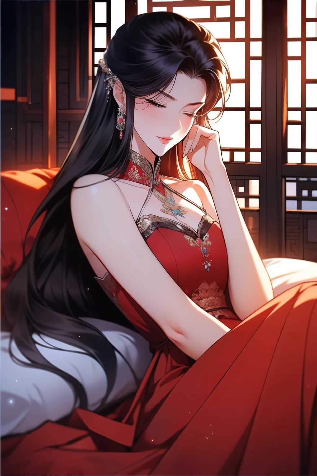 Best quality at best，tmasterpiece，16k,one-girl，Women pay attention to beautiful purple Chinese style clothes，natta，rays of moonlight，Asian architecture，Elaborate Eyes，scowling，worry，Detailed faces，Lie down in bed，With his eyes closed，close your eyes and fall asleep，Red skirt，