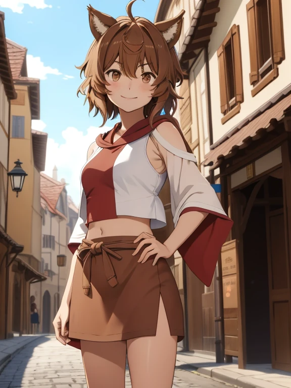 (anime screen cap,
1girl in, Upper body, Brown hair, Closed mouth,Smile, Midriff,  Brown eyes, Solo,Short hair,  mid-chest tuck ground, Ahoge, Standing, posed, Blood, Tortured),(1 man)，Animal ears，Beasttail，white and brown kimono，Furisode，a miniskirt，knee high socks，brown short boots，medieval european townscape