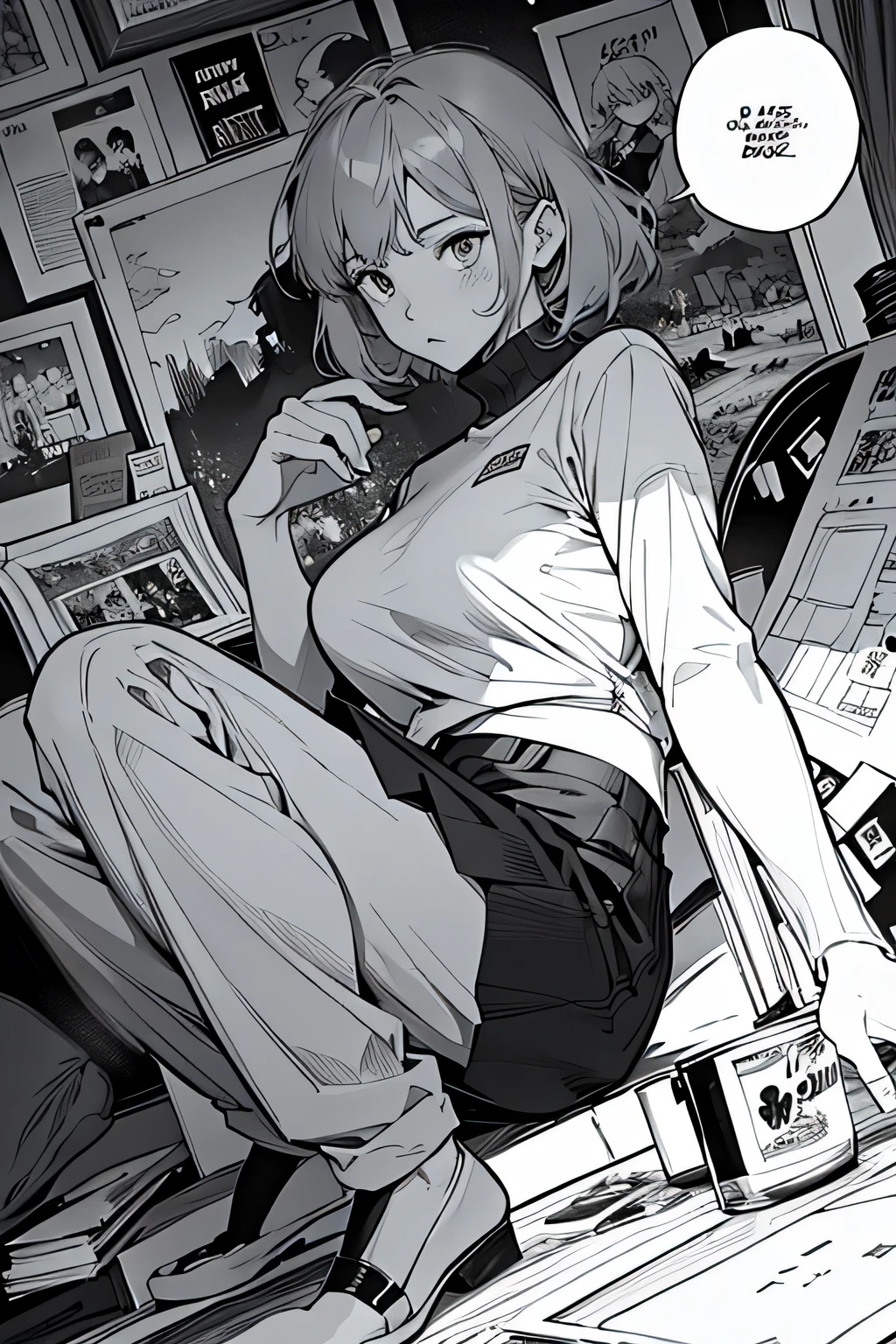 line-drawing, comic strip, monochromes, illustratio, 1girl in, masutepiece, Best Quality, Super Detail
