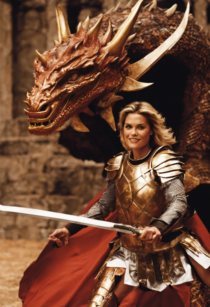 Foto realista de cat cora com 18 anos de idade, dressed as a gladiator slaying a ferocious dragon.