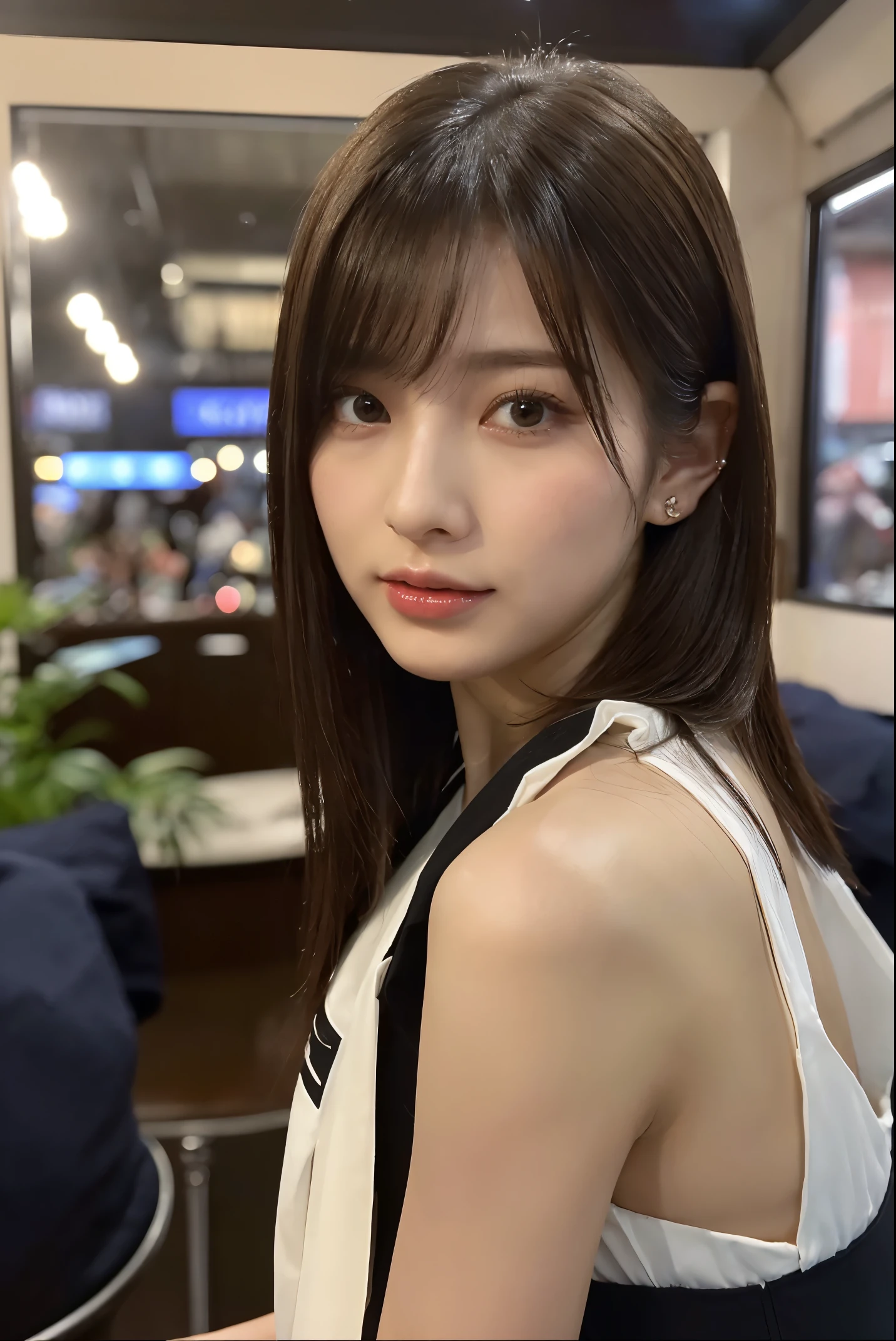 (The ultra -The high-definition:1.5)(ultra-detailliert:1.3) (ultra-quality) (An ultra-high picture quality:1.5) (rialistic photo:1.3) A Japanese Lady 21years old ((detailed and beautiful faces:1.3)) ((realistic skin textures:1.3)) ((Precise, high-quality eyes:1.3)) ((The beauty of detailed and high quality ears:1.3)) ((Beautiful skin that is very fair and transparent:1.3)) ((Beautifully groomed straight short bob hair:1.3))Complete body beautiful proportion (Trendy fashion with thin fabrics) (sleeveless) The background is the inside of a cafe at dusk.. Beautiful depiction, Luxurious and stylish interior ((Happy viewer's eyes)) ((Wet lips ajar:1.3)) Colossal tits unclear ((kawaii)) (Amazingly beautiful high-quality images) ((Girls are always very interested in men's genitals)) front-facing view ((Girls really want sex)) ((girls love sex))(girl wants blowjob now)((girl's pussy gets wet) (girl's pussy is trembling) ((The girl wants to be raped and can't hold back any longer.))