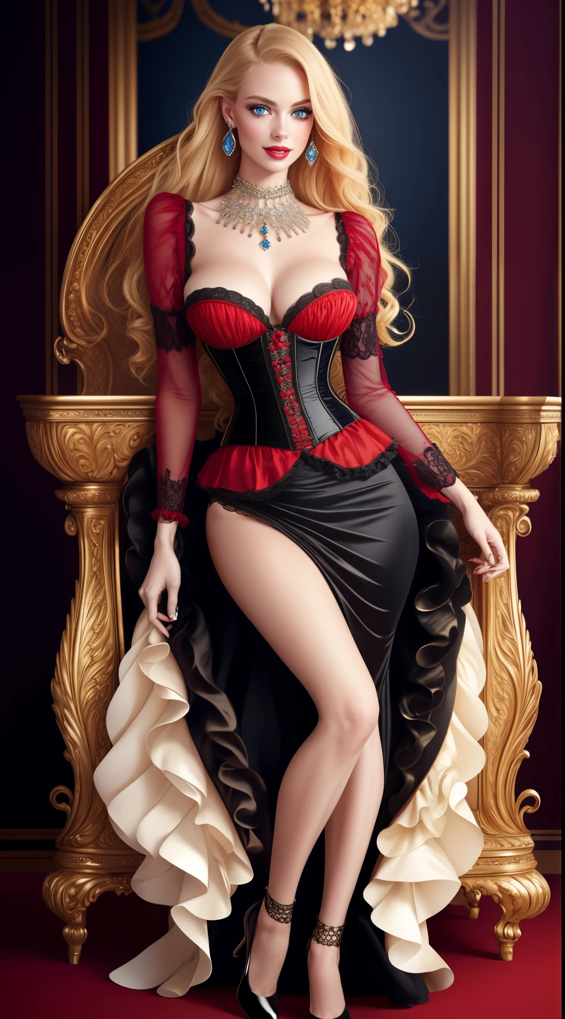 high quality fingers, normal hands, detailed fingers, masterpiece, (realistic, photo-realistic:1.37), (full body:1.5), High-end editorial-style photoshoot highlighting the beauty of a woman with blonde hair and bright blue eyes, dressed in a chic red and black corset, thin waist, seductive smile, large tits, perfect body, perfect face, (full body:1.5), set within the refined atmosphere of a Victorian ballroom. Stylish, elaborate jewelry made with expensive gems.
