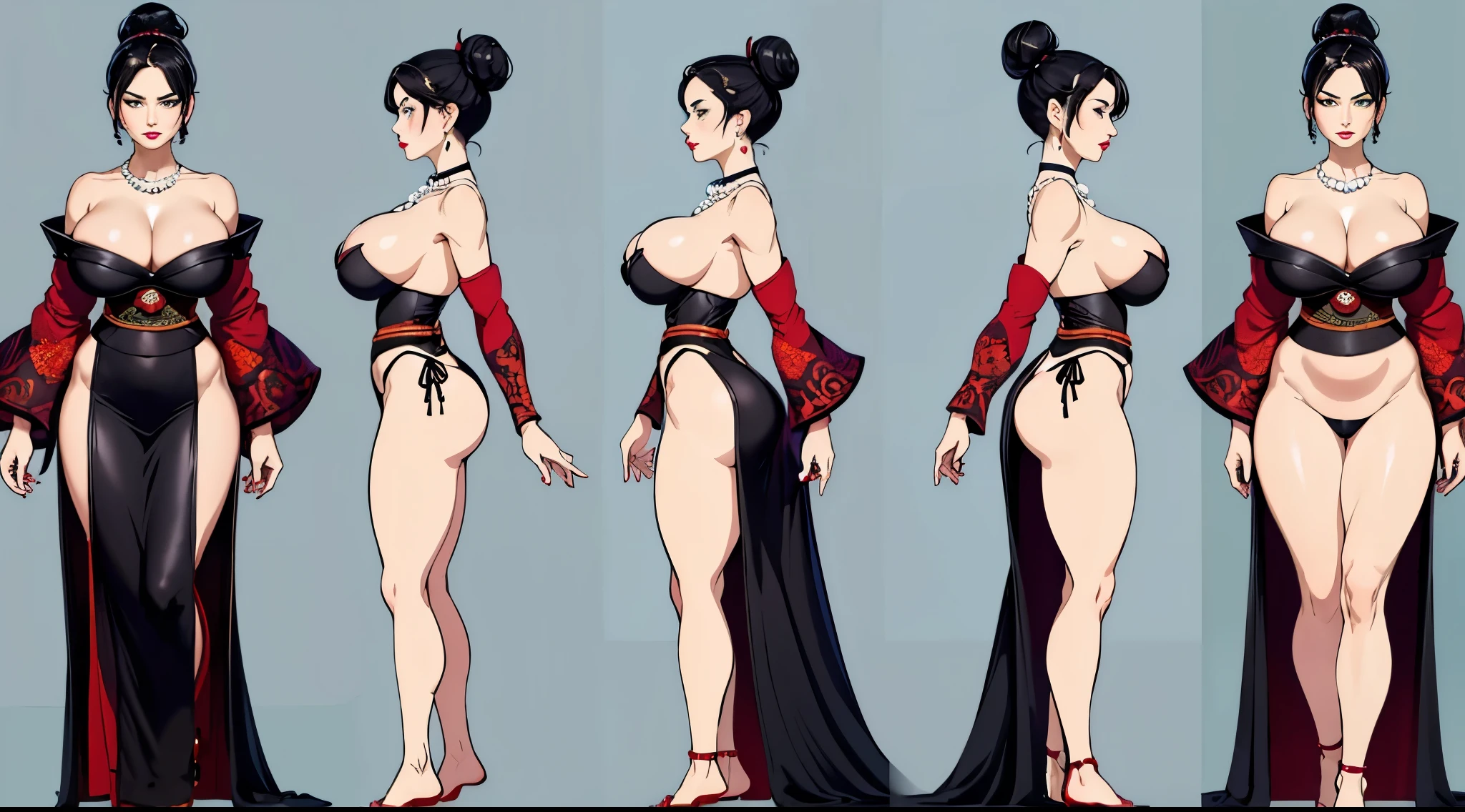 (Masterpiece), (Best quality: 1.2), absurd and intricate details (Highly detailed skin: 1.2), ((huge breasts)) 1 mature woman, mature body, huge breasts, dark black hair in a bun, green eyes , red lips, black mourning kimono, neckline, pearl necklace and earrings, serious expression. sensual posture, ((full length standing, white background, character sheet))