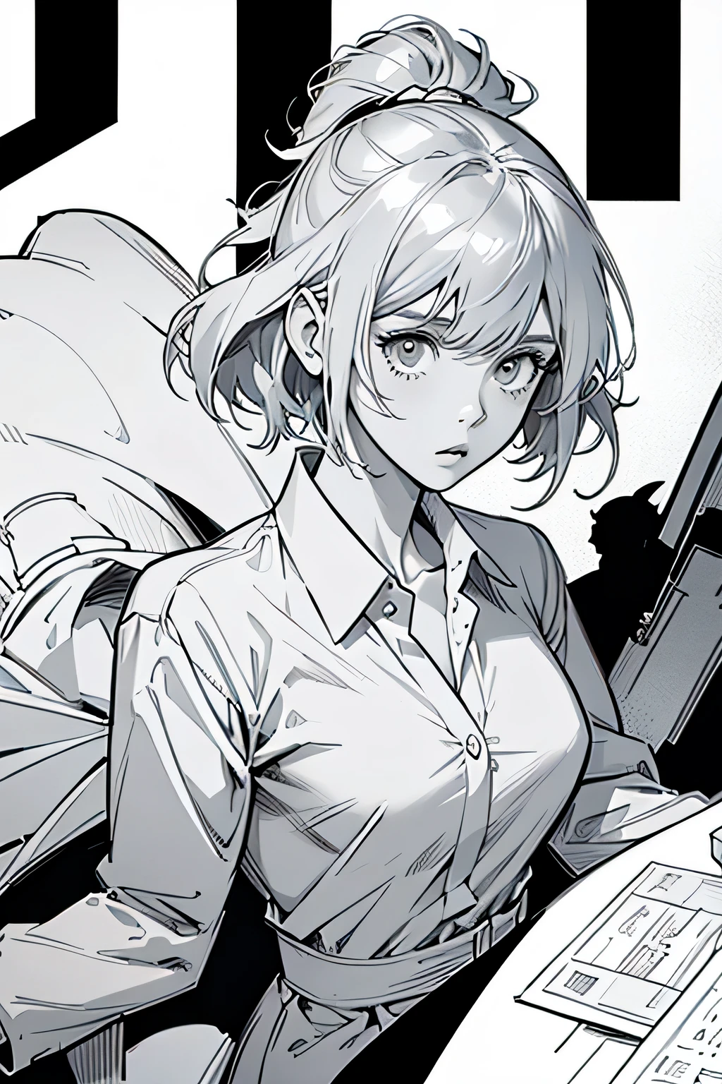 line-drawing, comic strip, monochromes, illustratio, 1girl in, masutepiece, Best Quality, Super Detail