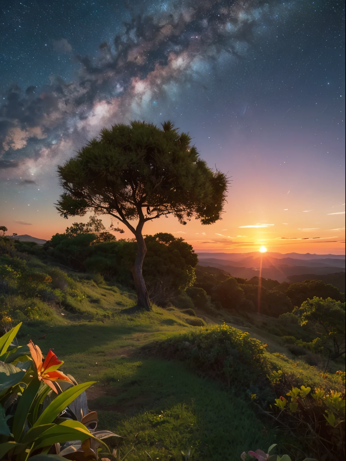 Very detailed sunset on an extraterrestrial planet,Featuring colorful vegetation and wildlife. We saw the Milky Way and the majestic clouds,It's so spectacular,k hd,cinematric light,color curve,Odds rules