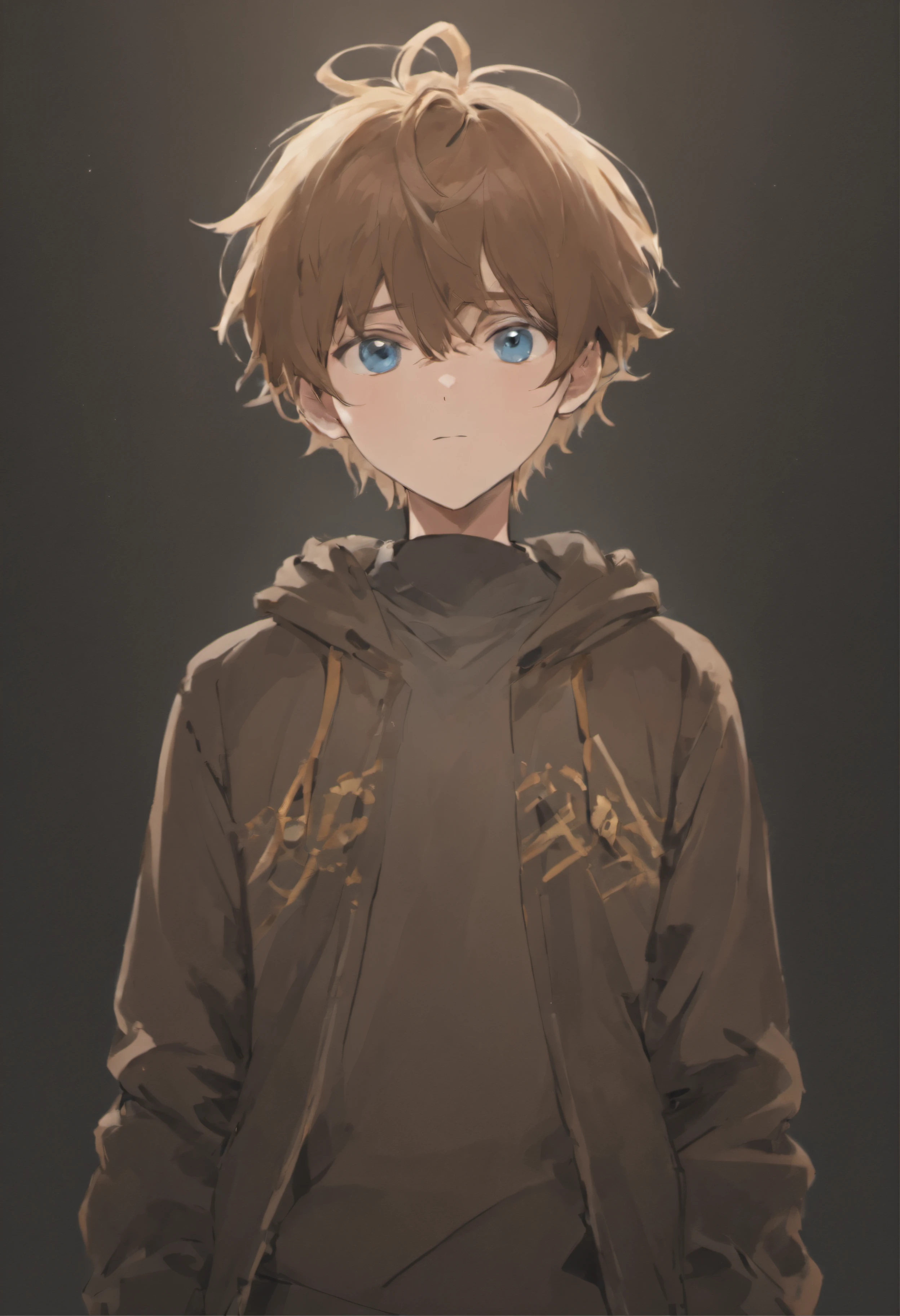 anime boy with blue eyes and brown hair dressed casually standing straight with a pure black backround have him standing facing straight at the camera