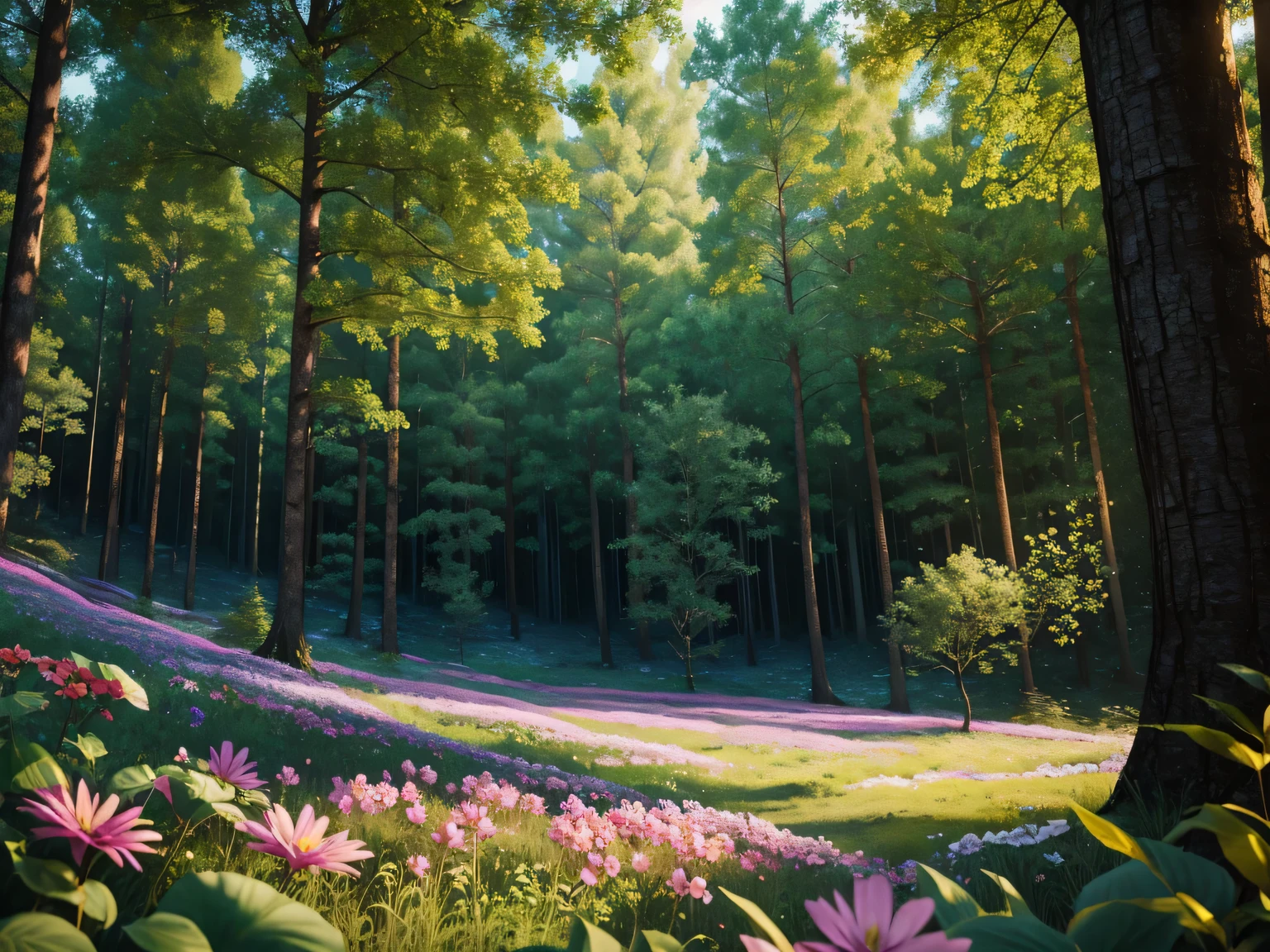 cinematic view, forest scene, with colorful flowers, crystal clear best quality 4k