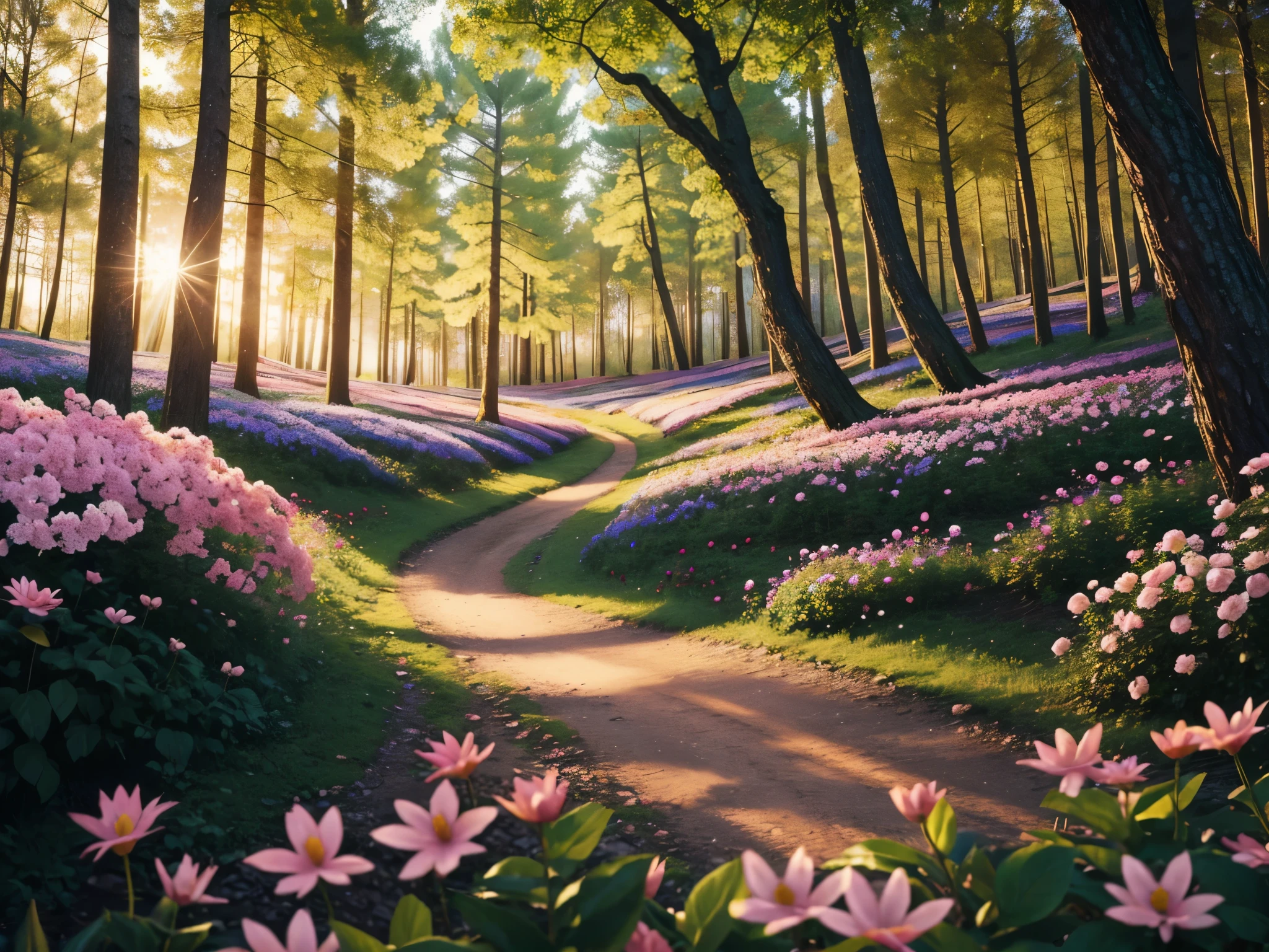 cinematic view, forest scene, with colorful flowers, crystal clear best quality 4k