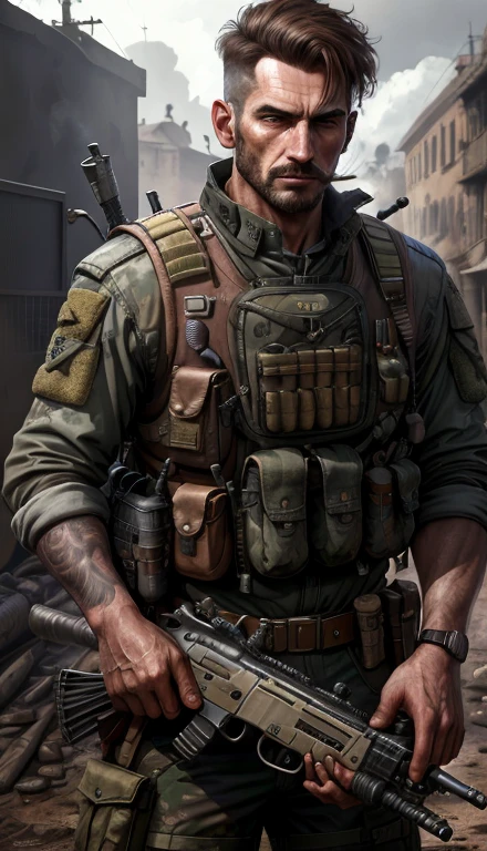 Soldado com uniforme escuro e fuzil, Ruined background, Realistic, elegante, Rutkowski, cavanhaque, brown hair, cabelo zumbido, cigarro na boca, tactical vest, detalhes intrincados, hiperdetalhado, cinemactic, luz de aro, atmosfera de perigo