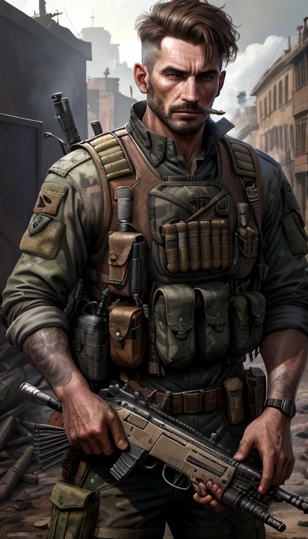 Soldado com uniforme escuro e fuzil, Ruined background, Realistic, elegante, Rutkowski, cavanhaque, brown hair, cabelo zumbido, cigarro na boca, tactical vest, detalhes intrincados, hiperdetalhado, cinemactic, luz de aro, atmosfera de perigo