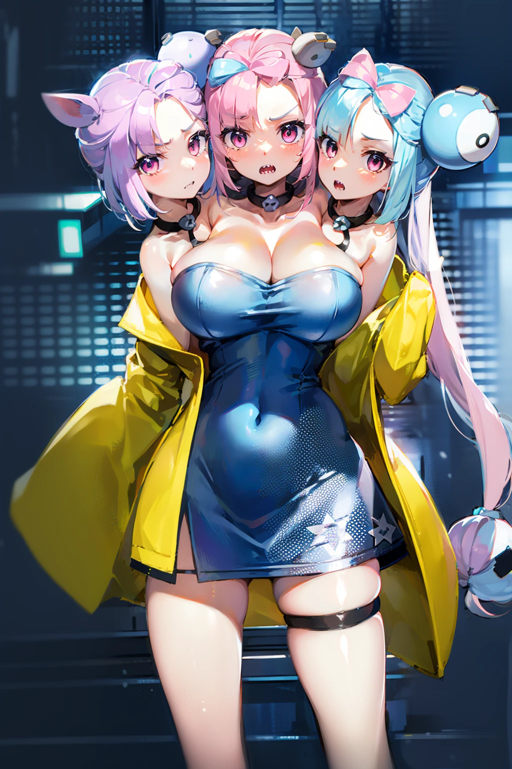 (3heads:1.5), pokemoniono, pokemon iono, blue hair, bow-shaped hair, character hair ornament, hair ornament, long hair, high ponytail long hair, multicolored hair, pink hair, sharp teeth, split-color hair, twintails, two-tone hair, (pink eyes:1.5), shy, annoyed, multiple breasts, huge breasts
BREAK bell, bow-shaped hair, character hair ornament, hexagon print, oversized jacket, jacket with high collar, large collar, split-color hair, minidress, tight dress, short dress
BREAK looking at viewer, upper body, full body, (cowboy shot:1.5),
BREAK (masterpiece:1.2), best quality, high resolution