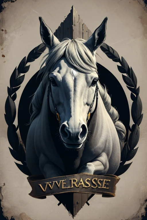 Logotipo de cavalo vetorial correndo, western, velho oeste, silhuetas, faixa ornamental, moderno, textura grunge, laurel