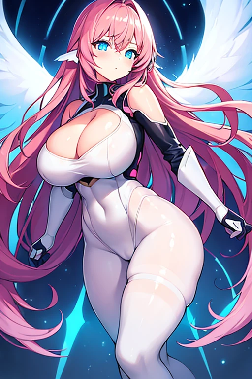 1girl, large breasts, breasts, thick thighs, wide hips, pink hair, long hair, blue eyes, white bodysuit, bodysuit, futuristic, science-fiction, tech, machinery, angel wings, pantyhose, thigh strap, cutout, hip vent, cleavage, serious, glowing eyes, neon, neon trim, glowing eyes