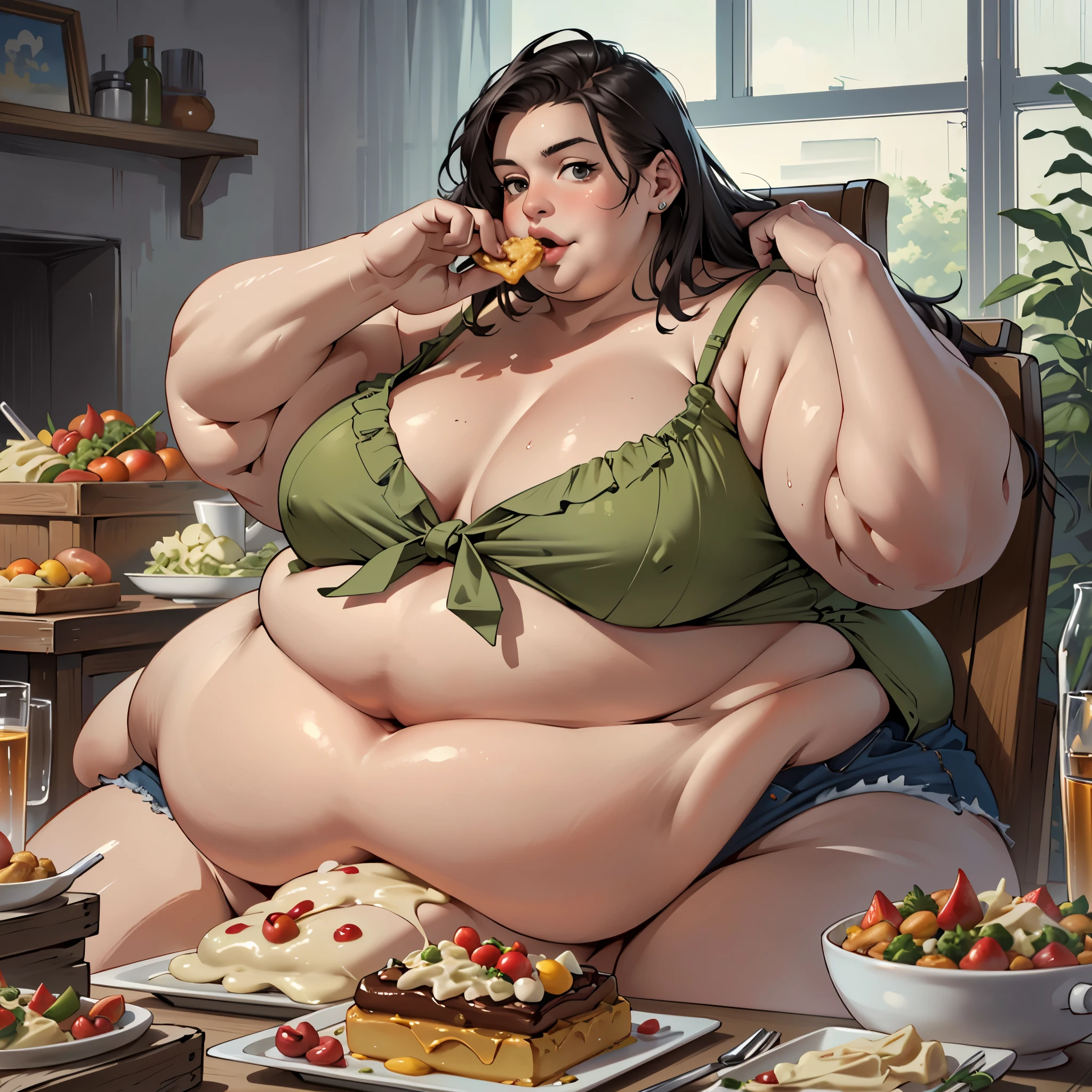 (masterpiece, best quality, highres:1.3), 2girls, (realistic:1.2), anne hathaway, (USSBBW:1.2), (morbidly obese:1.2), (fatblob:1.2), (detailed, beautiful face:1.2), (immobile:1.2), force feeding, eating, stuffing, surrounded by food, full body shot