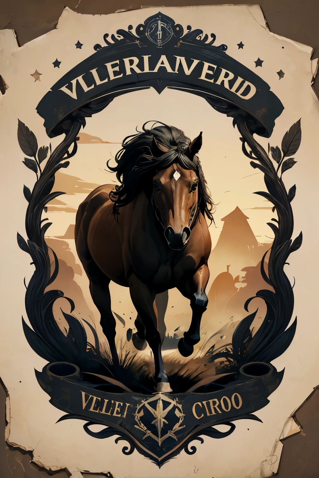 Logotipo de cavalo vetorial correndo, western, velho oeste, silhuetas, faixa ornamental, moderno, textura grunge, laurel