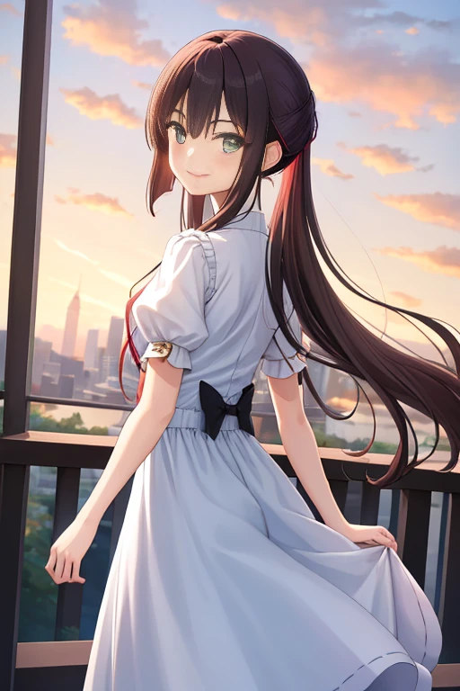 ​masterpiece, top-quality, Hi-Res, 1girl Kirasaka long straight, Dresses with visible backs，long  skirt，a smile，venue