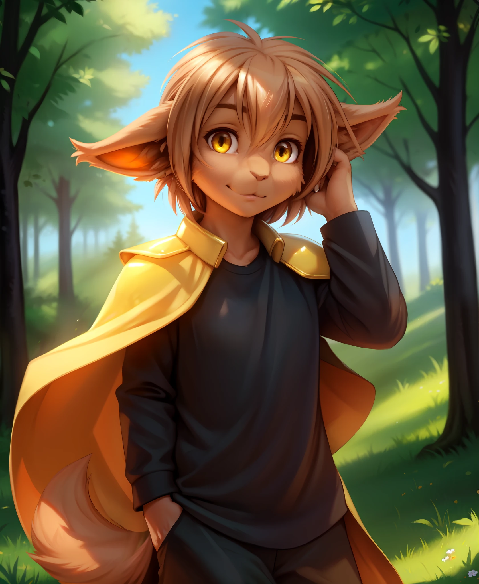 by kenket, by totesfleisch8, (by thebigslick, by silverfox5213:0.8), (by syuro:0.2),,  madelyn-adelaide , Madelyn Adelaide,  twokinds, (best quality, masterpiece:1), solo, furry female anthro, yellow eyes, short hair, light brown hair, portrait, finger claws, looking at viewer, tail, ear raised, medium hair, long ears, (outdoors dark forest trees blurry blurred background:1.1), black shirt, yellow cape,, armor, pauldron, cloak