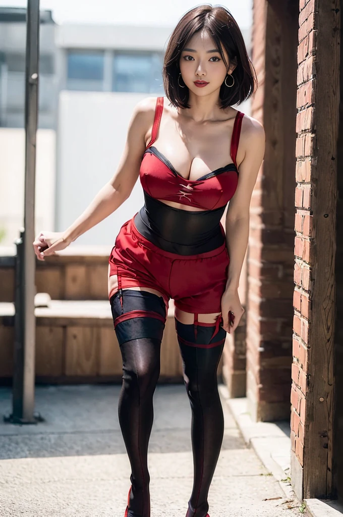 ((full body)),((full pose picture)) Masterpiece: 1.3), (8K, Photorealistic, RAW Photography, Best Quality: 1.4),((1 girl)), ((solo:1.5)), Japan Girls, Standard Body Shape: 1.3, (black straight bob Hairstyle: 1.2), Ultra Detail Face, Eyes of Detail, Double Eyelids, slim legs, slim body, 20 years old girl, , ((walking:1.5)), medium Breasts, Sharp Focus: 1.2, Pretty Women: 1.4, Light black Hair, Top Quality, wink, blushing, Masterpiece, ((from bellow:1.5)), ((serious face)), round earrings, Ultra high resolution, firm buttocks, black eye shadow, (photorealistic: 1.4), very detailed and professional lighting, smile, teeth, gym background, ((looking at viever:1.4)), ((red sport shorts:1.5)), ((black stockings:1.5)),