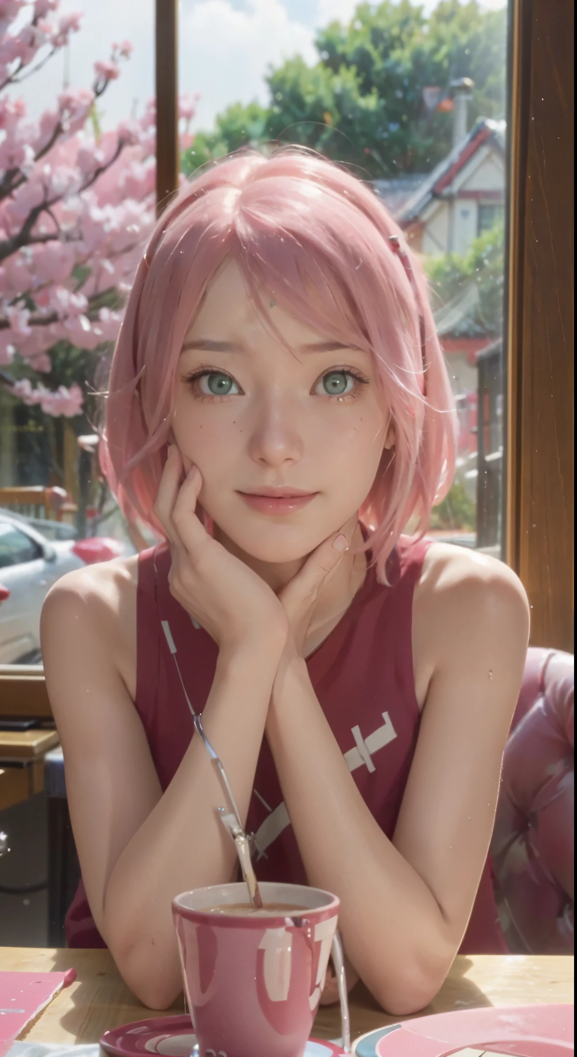 beautiful sakura haruno , pink hair girl, adolable , 15 year old girl, sitting at the dining table, Birthday cake on the table, Sunlight outside the window, (smile of her beautiful face) beautiful smile, big smile, happy face on birthday , White teeth