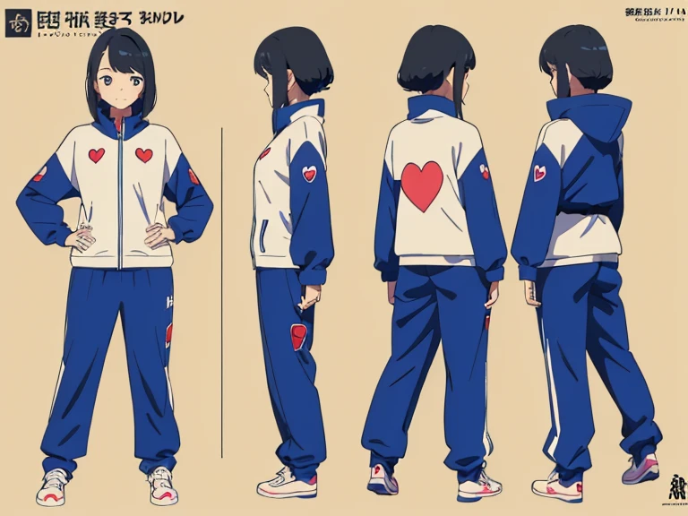 (best quality, masterpiece,(three view drawing, front and back and side, character sheet), anime eyes, cute),virtual youtuber, 1beautiful face girl, 15 yo, standing girl, arms down, front and back and side, full body,simple background, short stature, standard body, blue long tracksuit, black hair, short hair, Heart-shaped face