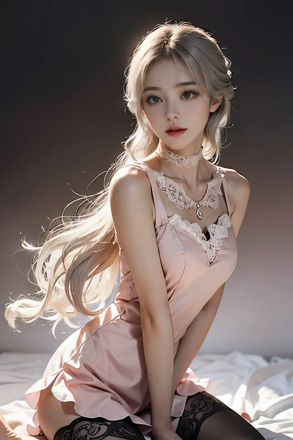 1 female, , accurate anatomy (beautiful grey eyes, very large slitted eyes, delicate, lonely, beautiful eyes, jewel-like eyes, shining eyes, very long eyelashes, thin nose, small mouth, thin lips, slightly long neck, slightly thin shoulders, slightly thin arms, slightly thin legs), accurate pose (looking at us), accurate Make-up (natural, natural make-up, light brown eyeshadow, light pink blush, light pink lipstick), accurate skin (very clear white, perfectly smooth), accurate hair (bright, clean silver hair, long hair curled vertically), accurate costume (black dress with frills and lace, Gothic taste, Rococo taste), exact lighting (dim low light, oblique light) photographic equipment (SLR, single focus lens), setting/1.8, S400, ISO 100), exact background (black), exact full body shot, very high quality picture,