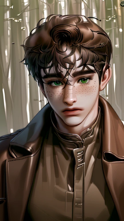 male, masterpiece, ((perfect eyeest quality, (semirealism:1.9), beautiful lighting, (extremely detailed CG unity 4k fhd wallpaper),realistic, high detail, sharp focus, dramatic outdoors, one man, 29 years old, dark brown curly hair, green eyes, freckles, full body, pants, standing, forest background, brown leather coat.