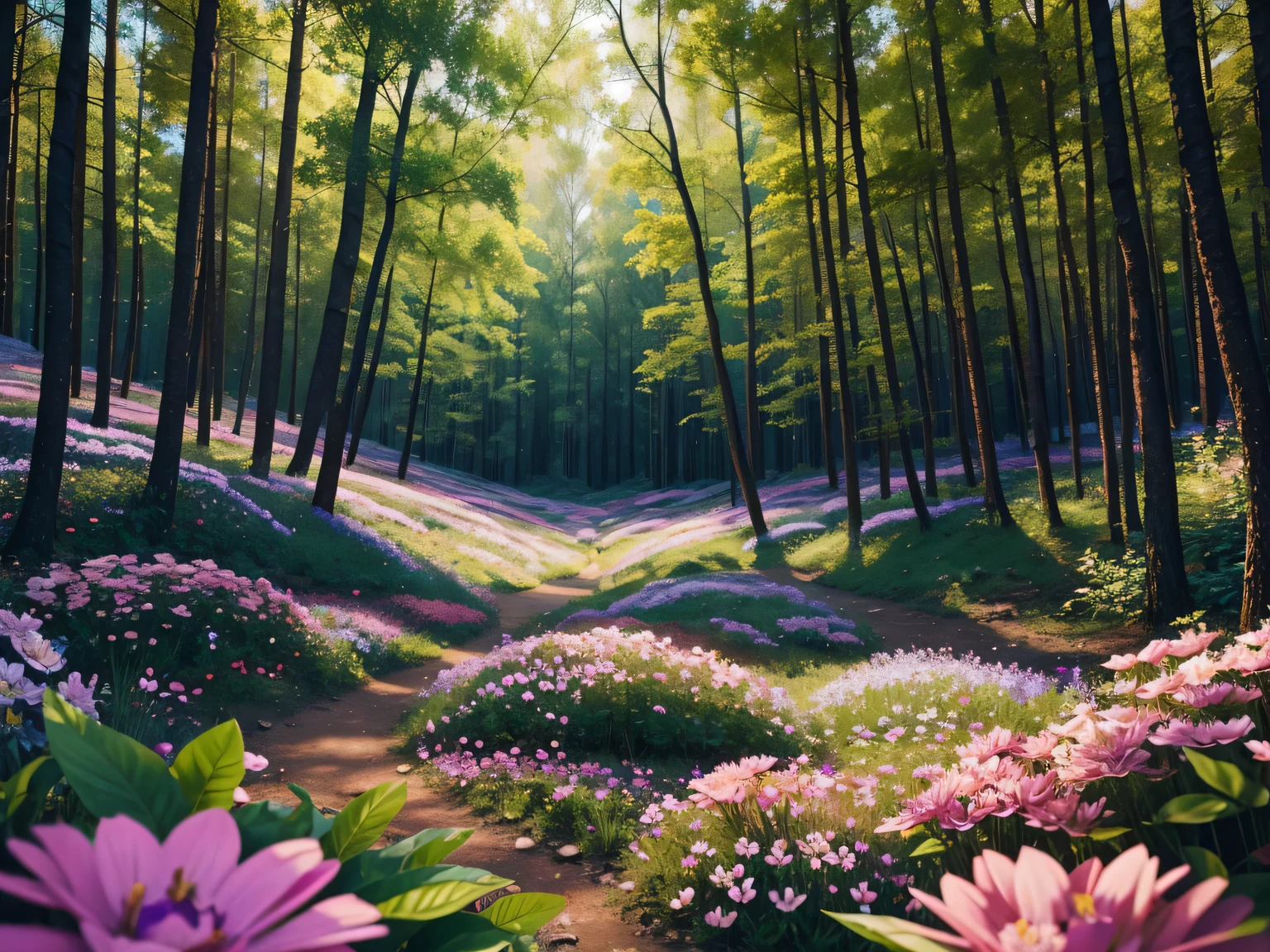 cinematic view, forest scene, with colorful flowers, crystal clear best quality 4k