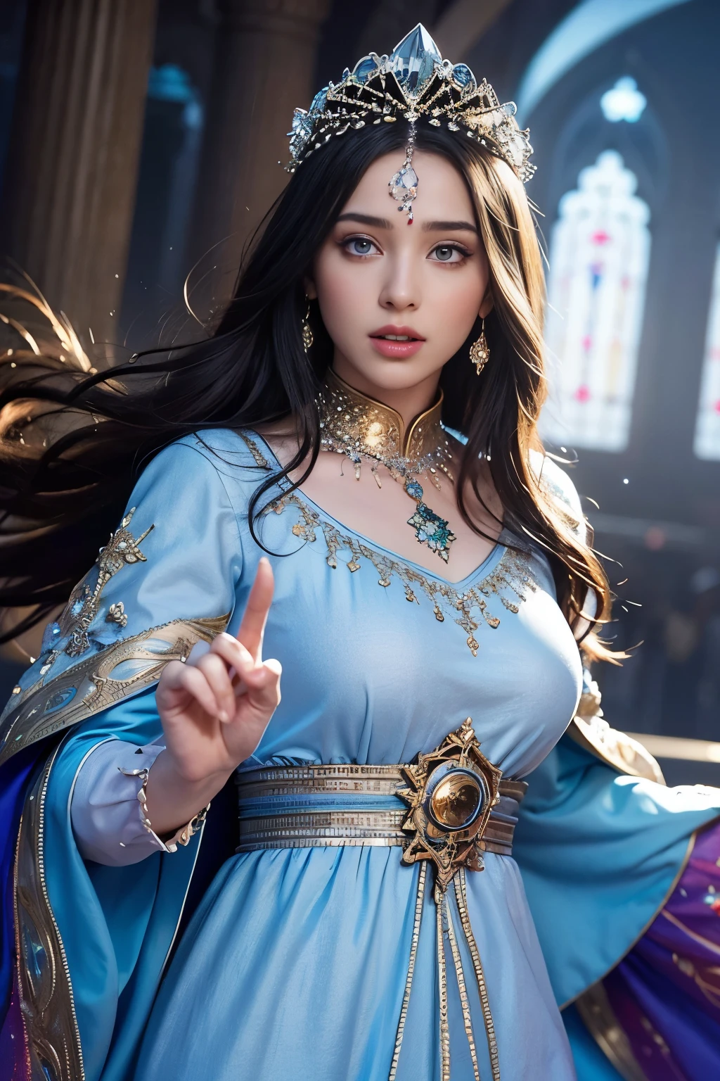 Very Beautiful princesse glowing crystal eyes hyper realistic super detailed Dynamic shot master piece scene cinématique scènes movie Epic Legendary wearing Islamic caftan marocain eyes