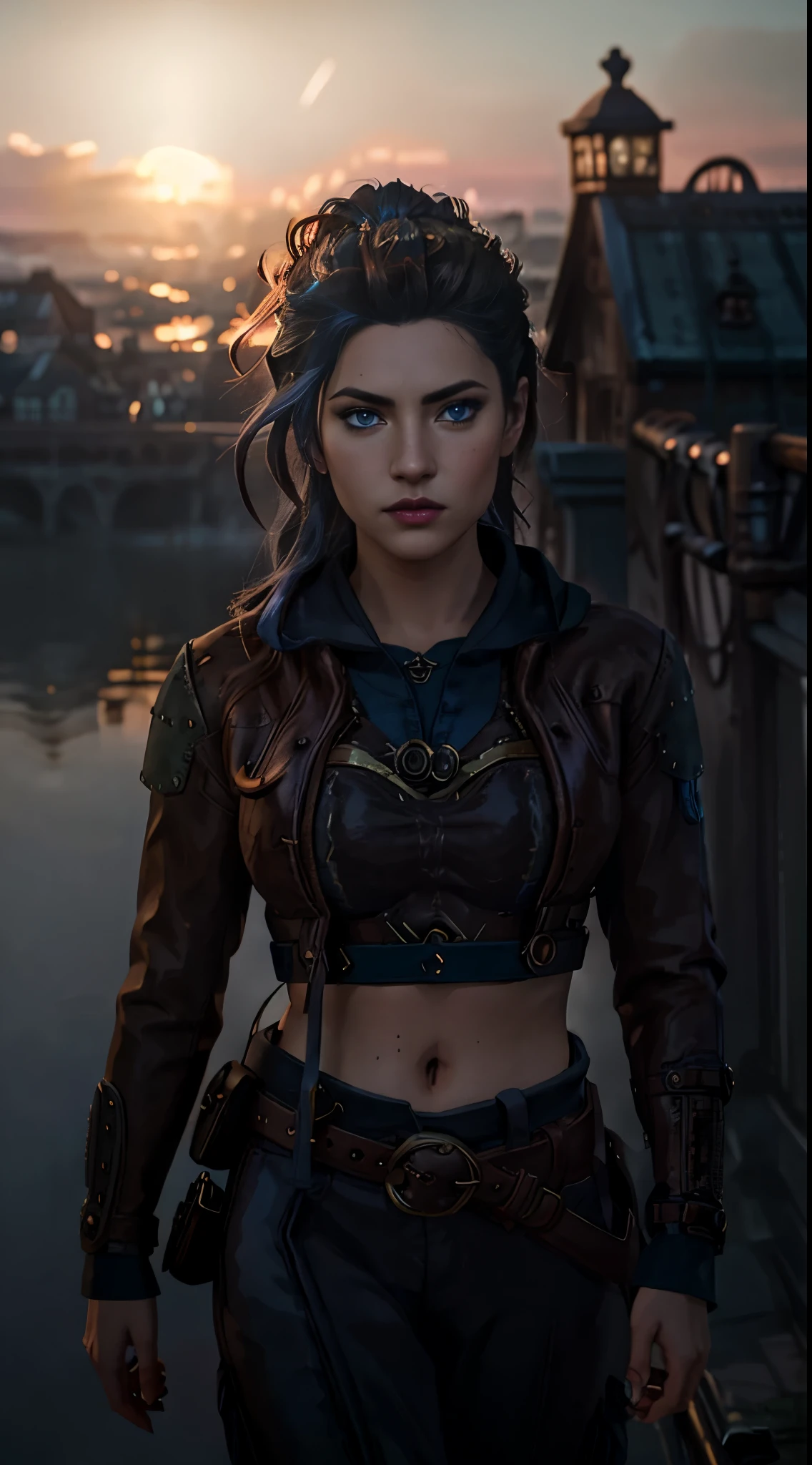 medium shot photo of a mix of (steampunk:0.8) and (cyberpunk:0.5), ((blue eyes))viking kathwin with dark red long hair wearing low rise pants crop top and jacket, nice cleavage, intricate steampunk+ city, evening, dark, atmospheric, mist, best quality masterpiece, photorealistic, detailed, 8k, HDR, shallow depth of field, broad light, high contrast, backlighting, bloom, light sparkles, chromatic aberration, sharp focus, RAW color photo,