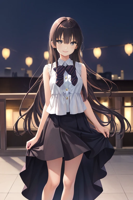 ​masterpiece, top-quality, Sayaka Kyousaka，Hi-Res, 1girl MASTEPIECE, High quality, Best Quality, High resolution, 4K, High Definition, Beautiful lighting, Highly detailed face, well-drawn hands, well-drawn legs, well-drawn feet, (((well-drawn eyes))),Kirasaka long straight, Dresses with visible backs，long  skirt，a smile，venue