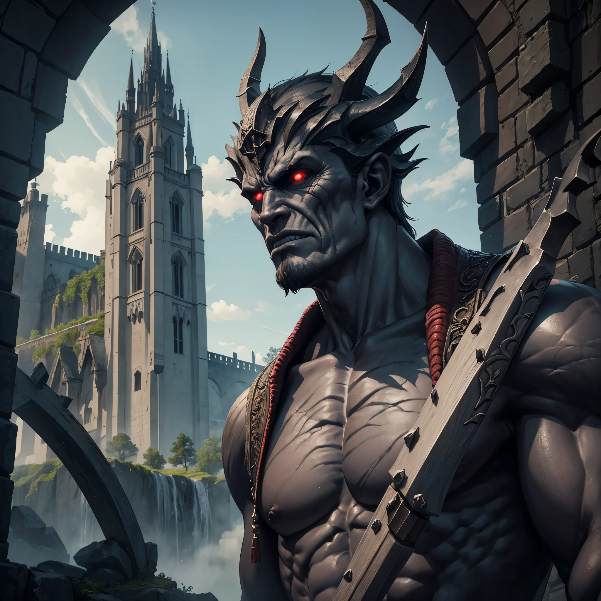 Portrait of a fiendish giant made of stone, skin like rock, wielding a greatclub, demonic look, 1 creature, outside of a castle gate