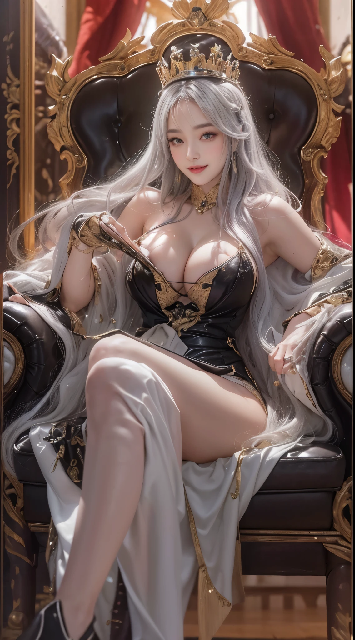 nsfw, 8k, best quality, highres, realistic, real person, A lewd queen oozing wealth and power, seducing her Western-style subordinates, sits gracefully on a richly decorated chair on a high platform. (((She crosses her legs and looks down at her subject with a sly smile))), embodying her blend of grace and cunning. The setting is a grand Western-style throne room that showcases the opulence of her kingdom. Big breasts, cleavage, long beautiful legs, beautiful legs, high heels, patent boots