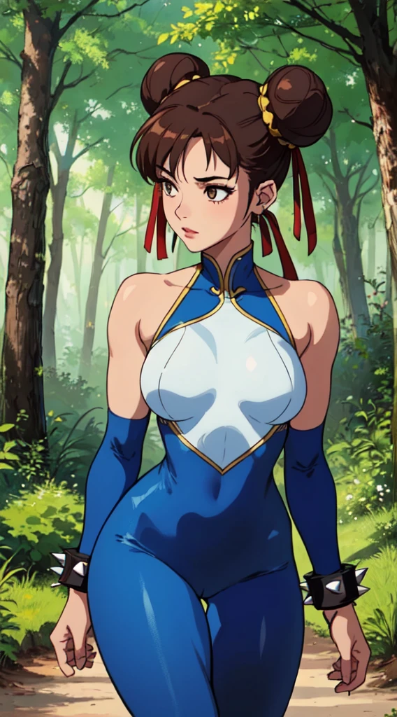 1girl, Chun-li, short brown hair, double bun, mascara, (alone), curvy, (masterpiece), (best quality, highly detailed, intricate, (blue legging bodysuit), Forest, Spike bracelet,