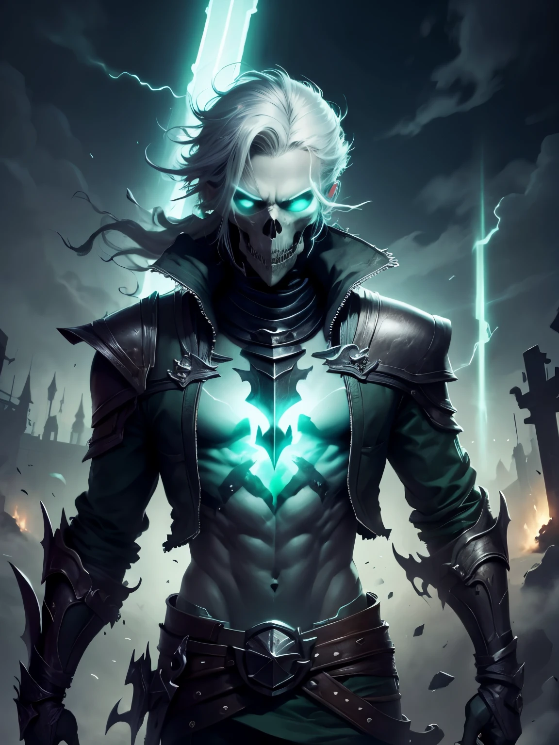 Necromancer, young man, gray hair, green eyes, total power, skinny, two swords on back, green jacket, green fog, tower, green lightning, 
sly smile, dream for life, the best quality, portrait