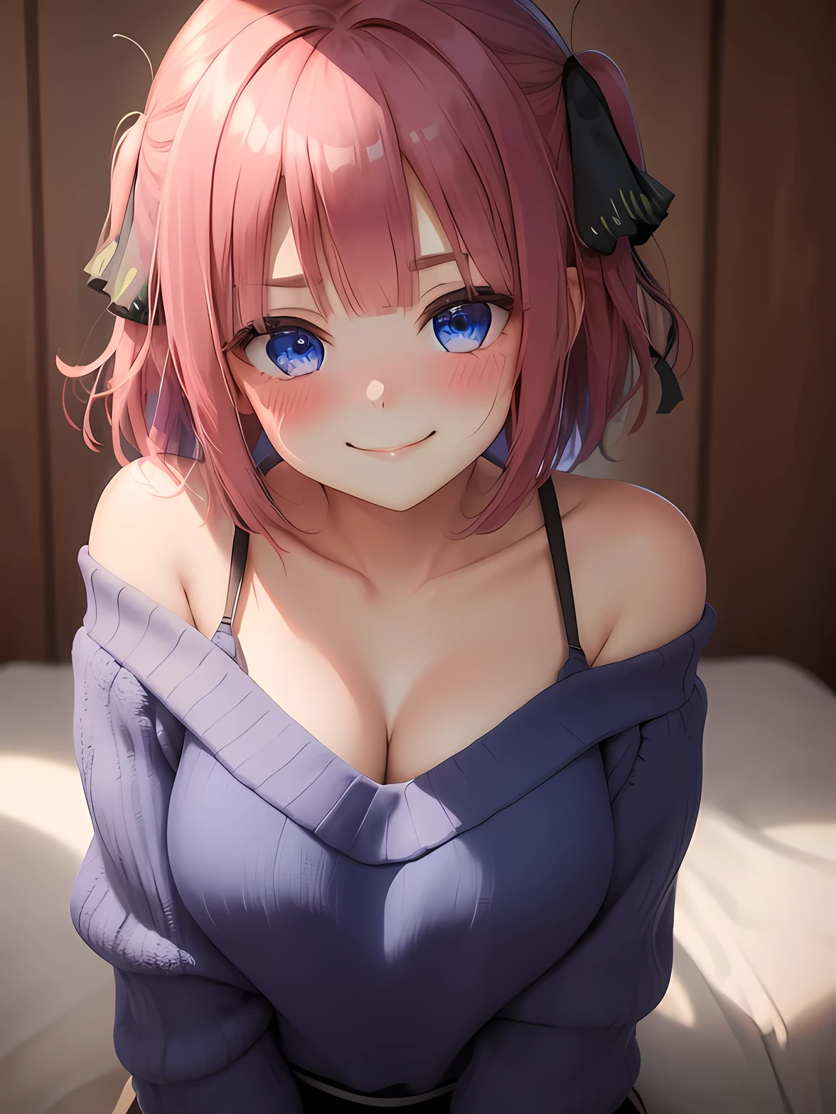 masterpiece, best quality, 1girl, solo, (looking at viewer), eye focus, Nino, (immense blush), (closed smile), (cute face), (sexy face), (blue eyes)