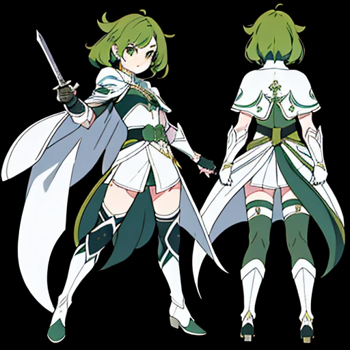 1girl, sword, holding sword, waist_armor, bare_crotch, gloves, white background, full body, solo, gauntlets, multiple views, white cape, small shield, holding shield, thigh high, ((dark green hair)), wavy hair, reference sheet,