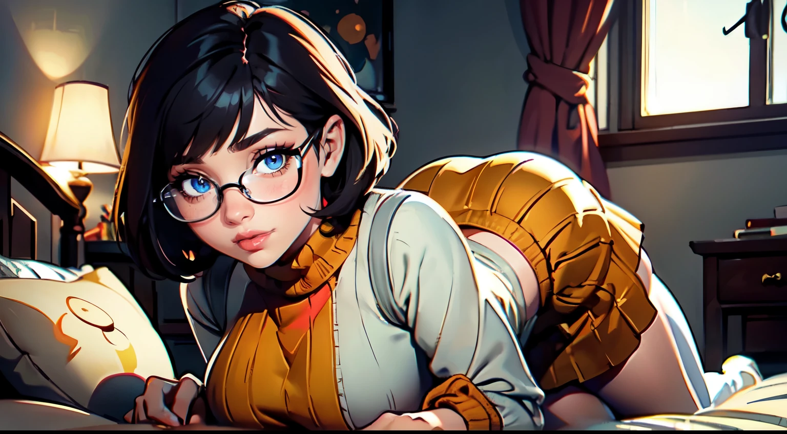 HD, 8k quality, masterpiece, Velma, dream girl, large breasts, beautiful face, blushing, kissing lips, short bob hairstyle, long bangs, perfect makeup, realistic face, detailed eyes, blue eyes, brunette hair, long eyelashes, smiling, spooky bedroom, lying down on bed, thicc body, leaning forward, eyes at viewer, mustard-yellow top, knitted turtle neck sweater, clear lens glasses, cherry-red skirt, schoolgirl skirt, booty, knee high white socks,