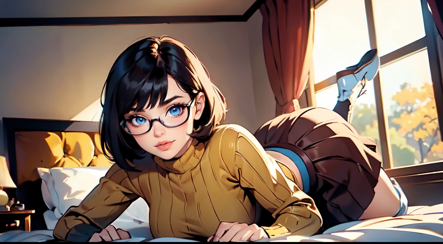 HD, 8k quality, masterpiece, Velma, dream girl huge tits, beautiful face, kissing lips, short bob hairstyle, long bangs, perfect makeup, realistic face, detailed eyes, green eyes, brunette hair, eyelashes, grin smile, bedroom, sitting on bed, showing cameltoe, eyes at viewer, orange knitted turtleneck sweater, clear lens glasses, red schoolgirl skirt, view from below,
