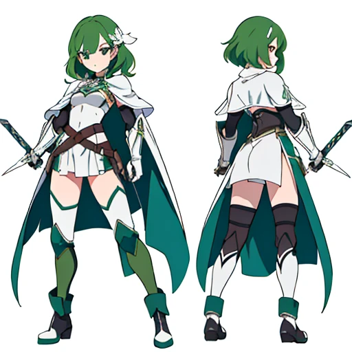 1girl, sword, holding sword, waist_armor, ((bare_crotch)), gloves, white background, full body, solo, gauntlets, multiple views, white cape, small shield, holding shield, thigh high, ((dark green hair)), wavy hair, reference sheet,