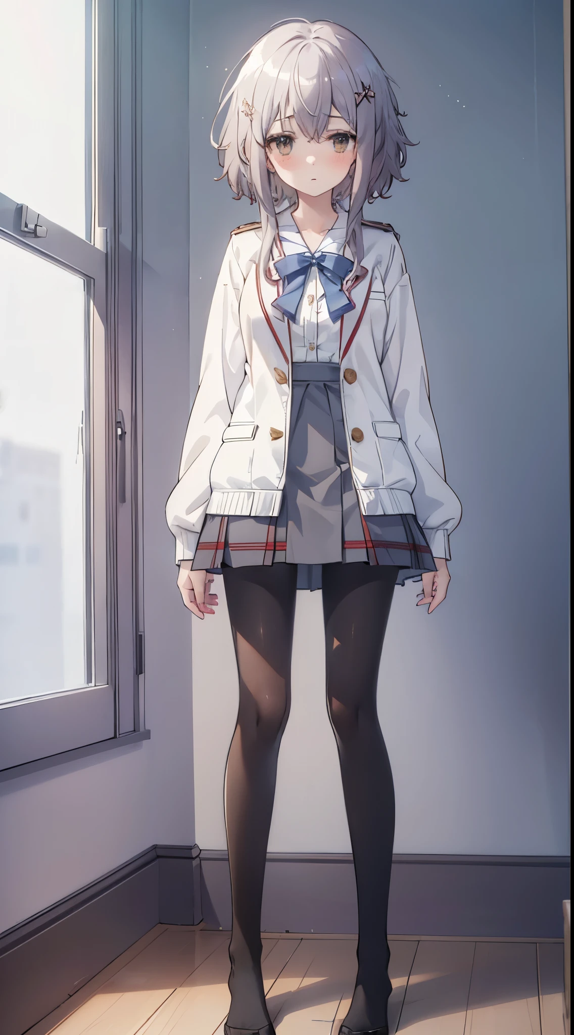 Finest, masterpiece, high definition, (full body), frontal, symmetrical, mature high school girl, solo, (full body from head to toe), small breasts, long hair, slightly messy hair, (black tights), ( (black pantyhose), black pantyhose, composition showing white panties, slender beautiful legs, a very beautiful -yeld gi(not wearing shoes) legs), blushing, shy big eyes, messy hair, looking at camera, showing white panties, white frilly lingerie, high school uniform blazer, high school uniform White blouse, high school uniform with blue ribbon, high school uniform with short plaid pattern and navy pleated skirt