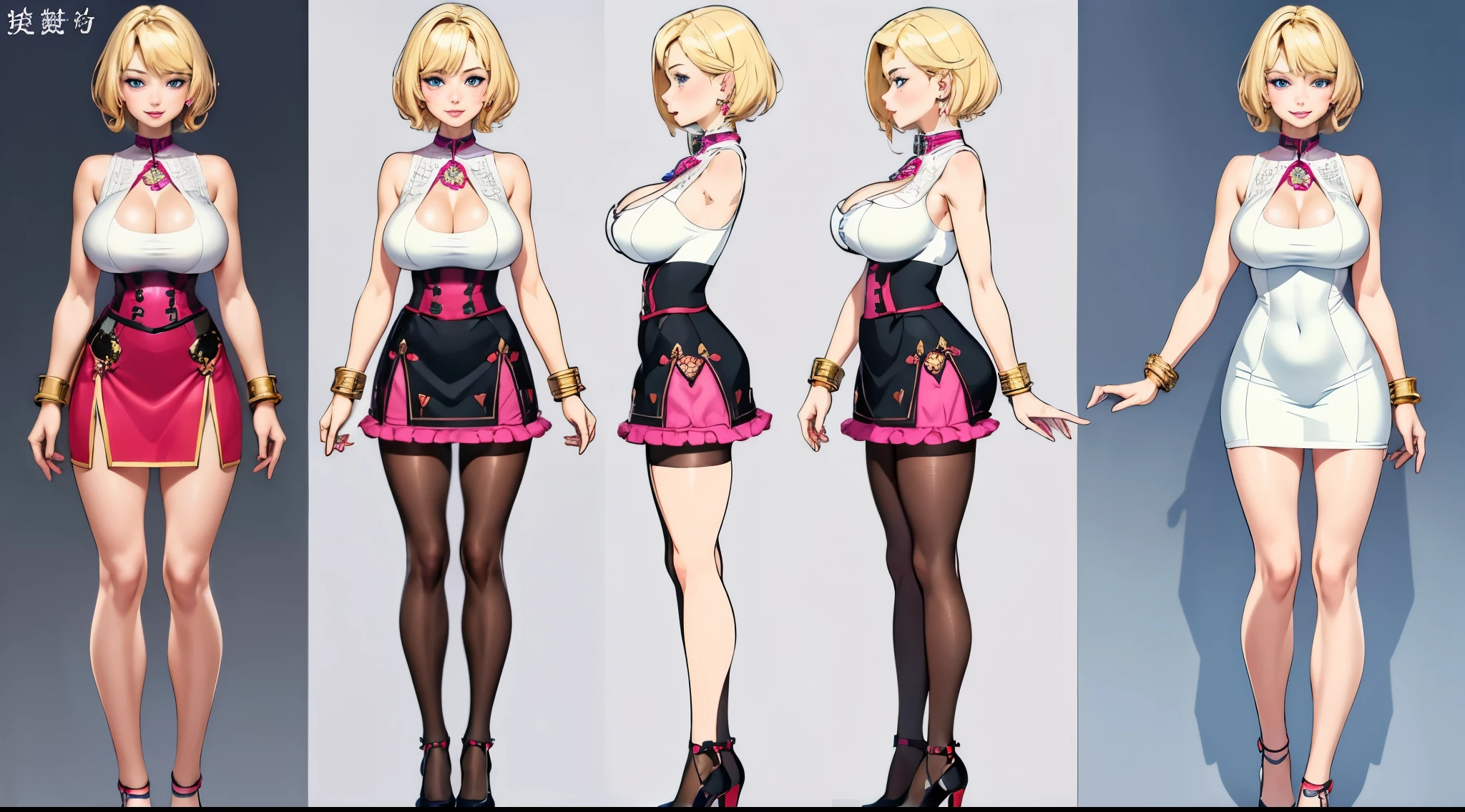 (Masterpiece), (Best quality: 1.2), absurd and intricate details (Very detailed skin: 1.2), ((big breasts))1 girl, very short blonde hair, pink lips, light blue eyes, very sexy red sleeveless dress with high collar, Earrings, Bracelets, Very short miniskirt, black pantyhose, Smile, sexy pose, ((full body standing, white background, character sheet))