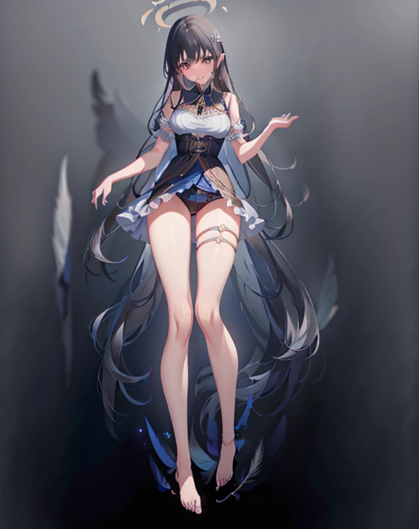 black tights, Super Smile, (Masterpiece, Best Quality, high detailed CG artwork, beautiful detail eyes, Super detailed, intricate details: 1.2), 8k wall paper, elaborate features, (1girl, 独奏: 1.4), Long hair, Striped Hair, elf, Halo, watching viewer, blue eyes, earings, panty, ankle bracelets, big, esoteric, necklace, wallside, Blue Flame, feathers, Birds, Magical surroundings, magic wallside, Magic Ball, book, Flying page, magical circle, spell, night time, Dark
