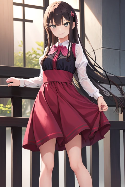 ​masterpiece, top-quality, Hi-Res, 1girl Kirasaka , a smile，masutepiece, High quality, Best Quality, High resolution, 4K, High Definition, Beautiful lighting, Highly detailed face, well-drawn hands, well-drawn legs, well-drawn feet, (((well-drawn eyes))),Kirasaka long straight, Dresses with visible backs，long  skirt，a smile，venue